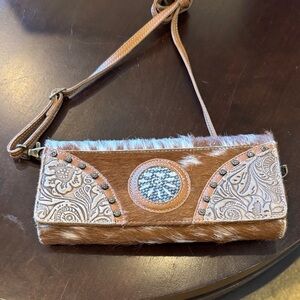 Elegant Brown and Tan Clutch with Embossed Detailing
